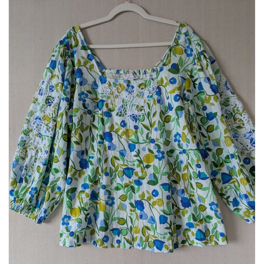 Susan Graver Blouse Women 1X Blue Green Floral Cotton Embroidery Boho Peasant